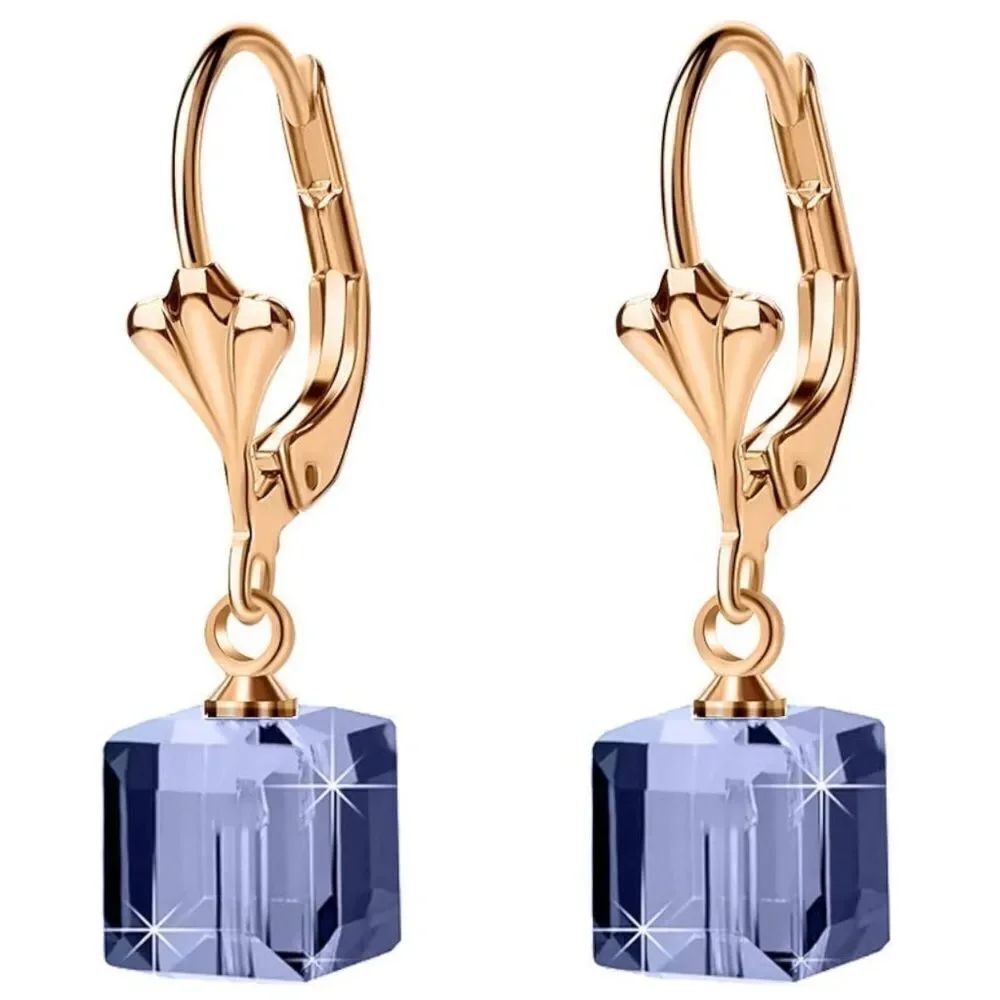 14K Yellow Gold with Purple Tanzanite Austrian Crystal Cube Leverback Earrings